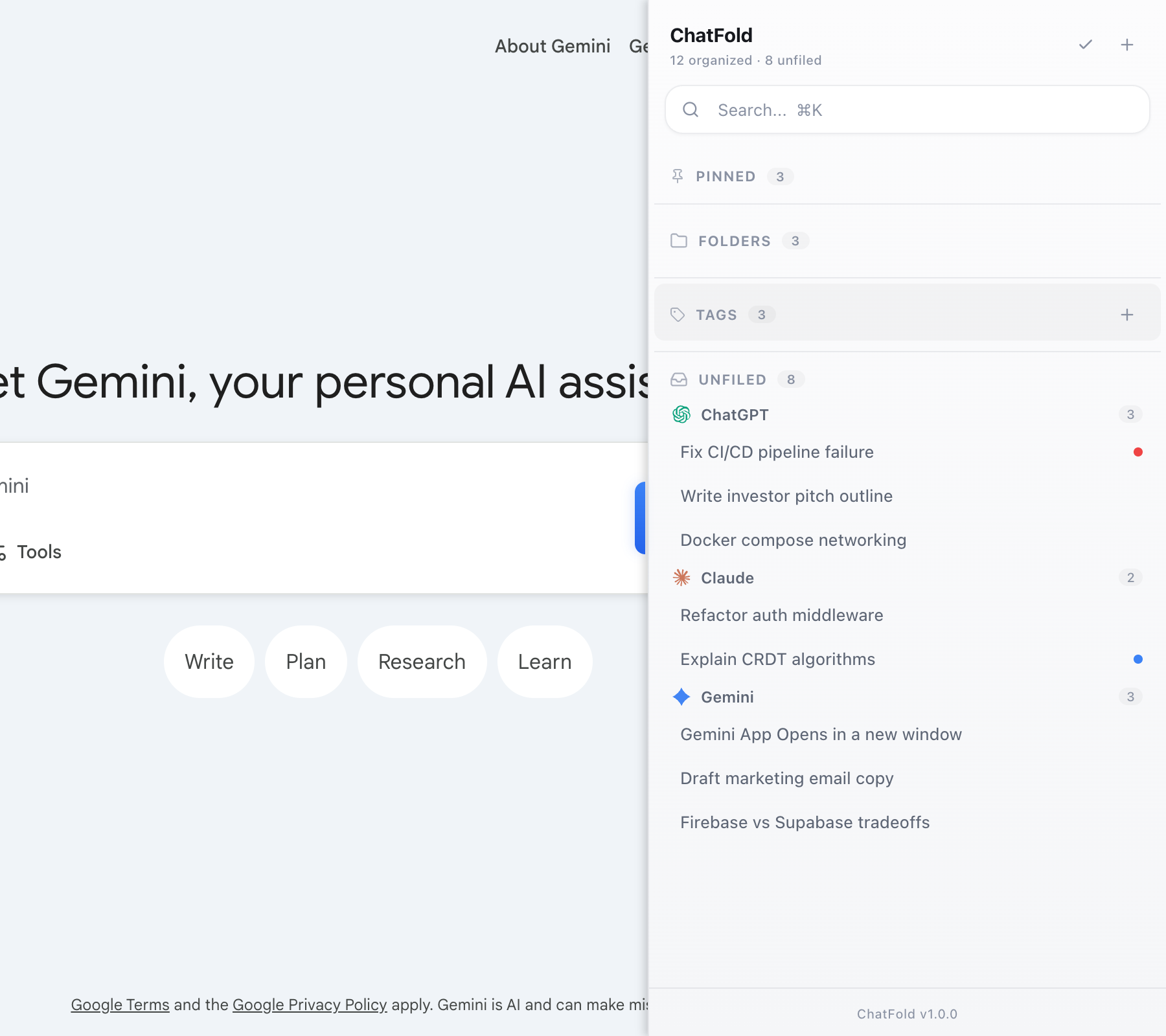 ChatFold sidebar consistent across ChatGPT, Claude, and Gemini